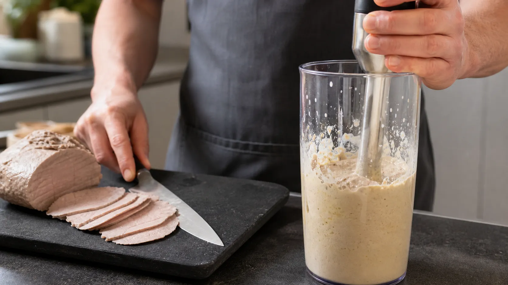 Cremige Thunfisch-Tonnato-Sauce im Mixbecher neben dünn aufgeschnittenem Kalbfleisch