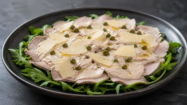 Keto Vitello Tonnato Salat: dünne Kalbfleischscheiben mit Thunfisch-Sauce, Kapern und Parmesan auf einem Rucolabett