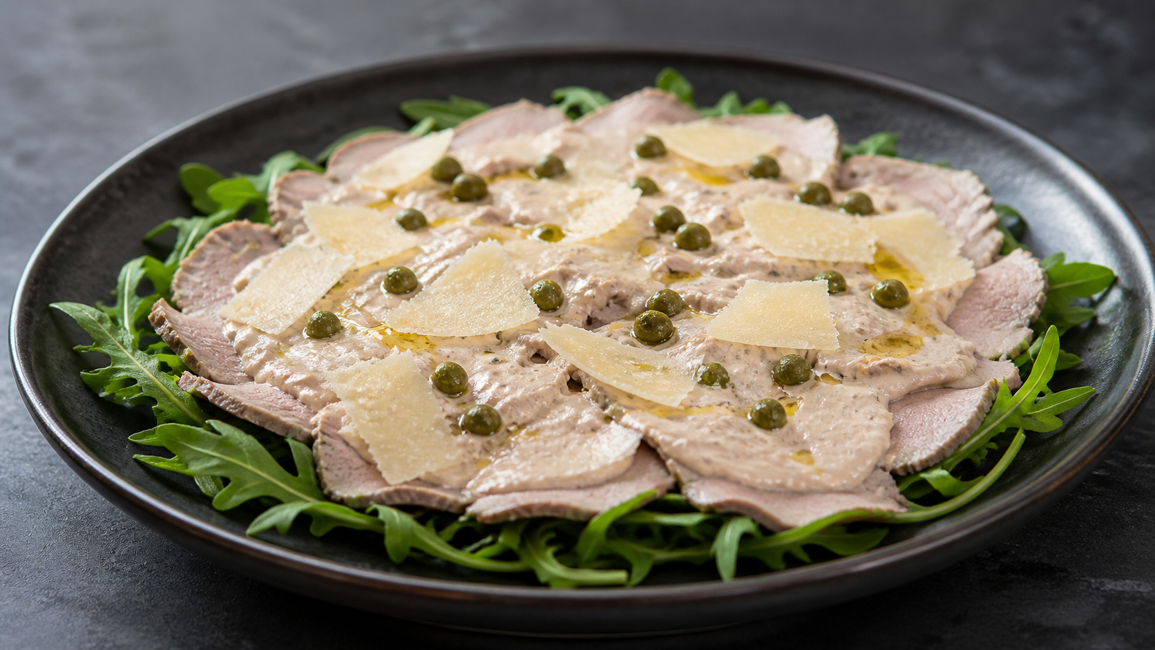 Keto Vitello Tonnato Salat: dünne Kalbfleischscheiben mit Thunfisch-Sauce, Kapern und Parmesan auf einem Rucolabett