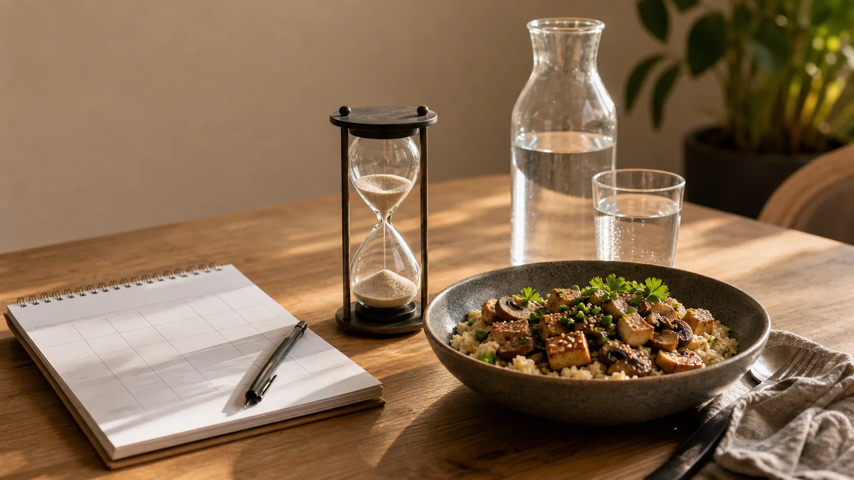 Esstisch mit Sanduhr, Wasser, Kaffee, Kalender und Keto-Bowl mit Blumenkohlreis, Tofu und Pilzen