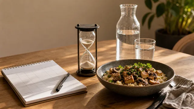 Esstisch mit Sanduhr, Wasser, Kaffee, Kalender und Keto-Bowl mit Blumenkohlreis, Tofu und Pilzen