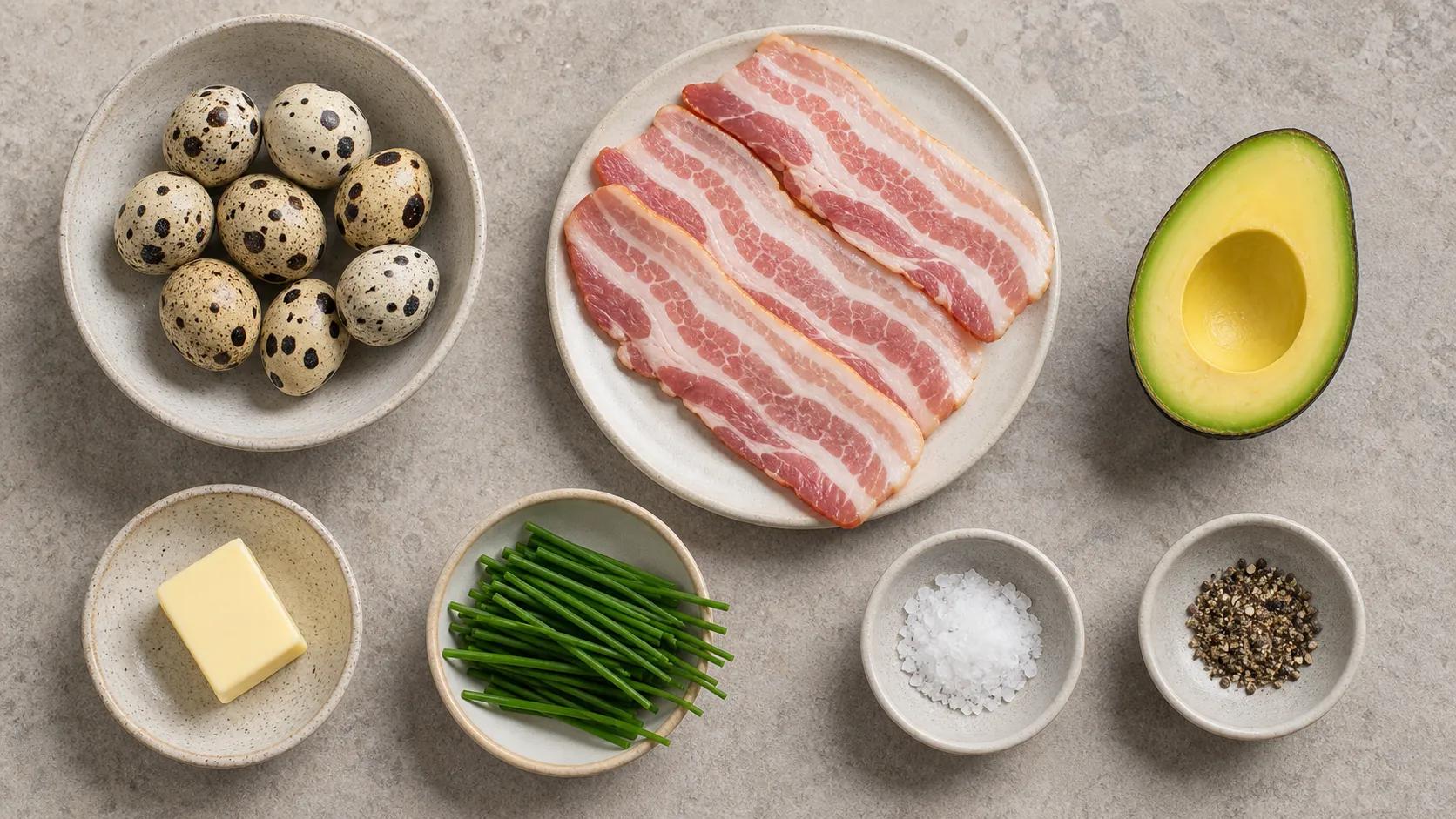 Zutaten für Keto Wachteleier-Frühstück: Wachteleier, Speck, Avocado, Butter, Schnittlauch, Salz und Pfeffer