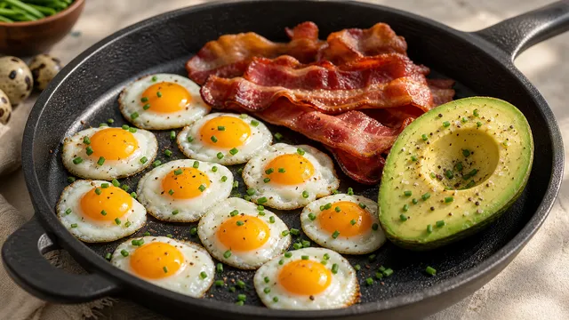 Keto Frühstück mit Wachteleiern, knusprigem Speck, Avocado und Schnittlauch