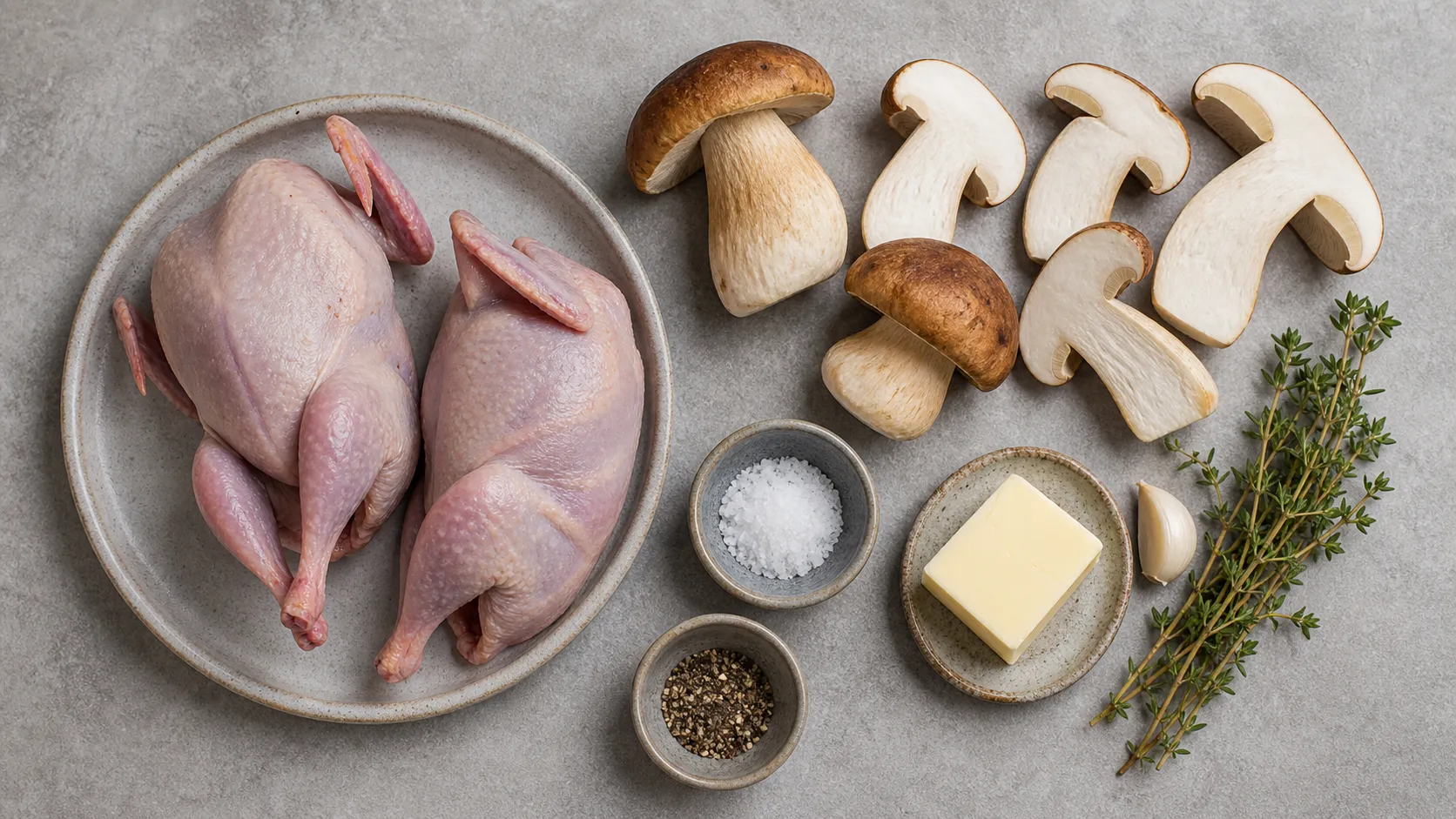 Zutaten für Keto Wachteln: zwei Wachteln, frische Steinpilze, Butter, Knoblauch, Thymian, Salz und Pfeffer