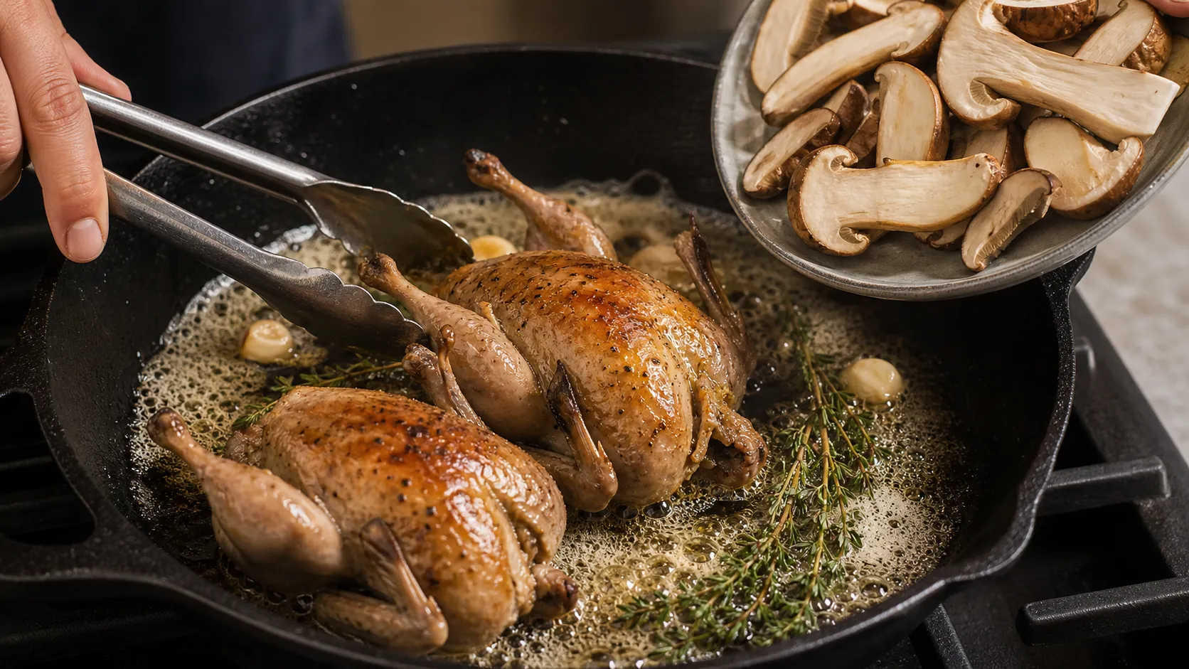 Wachteln werden in Butter rundum angebraten, während Steinpilze mit Knoblauch und Thymian vorbereitet sind
