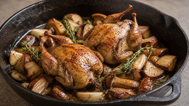 Keto Wachteln mit gebratenen Steinpilzen, Butter, Knoblauch und Thymian in einer Pfanne