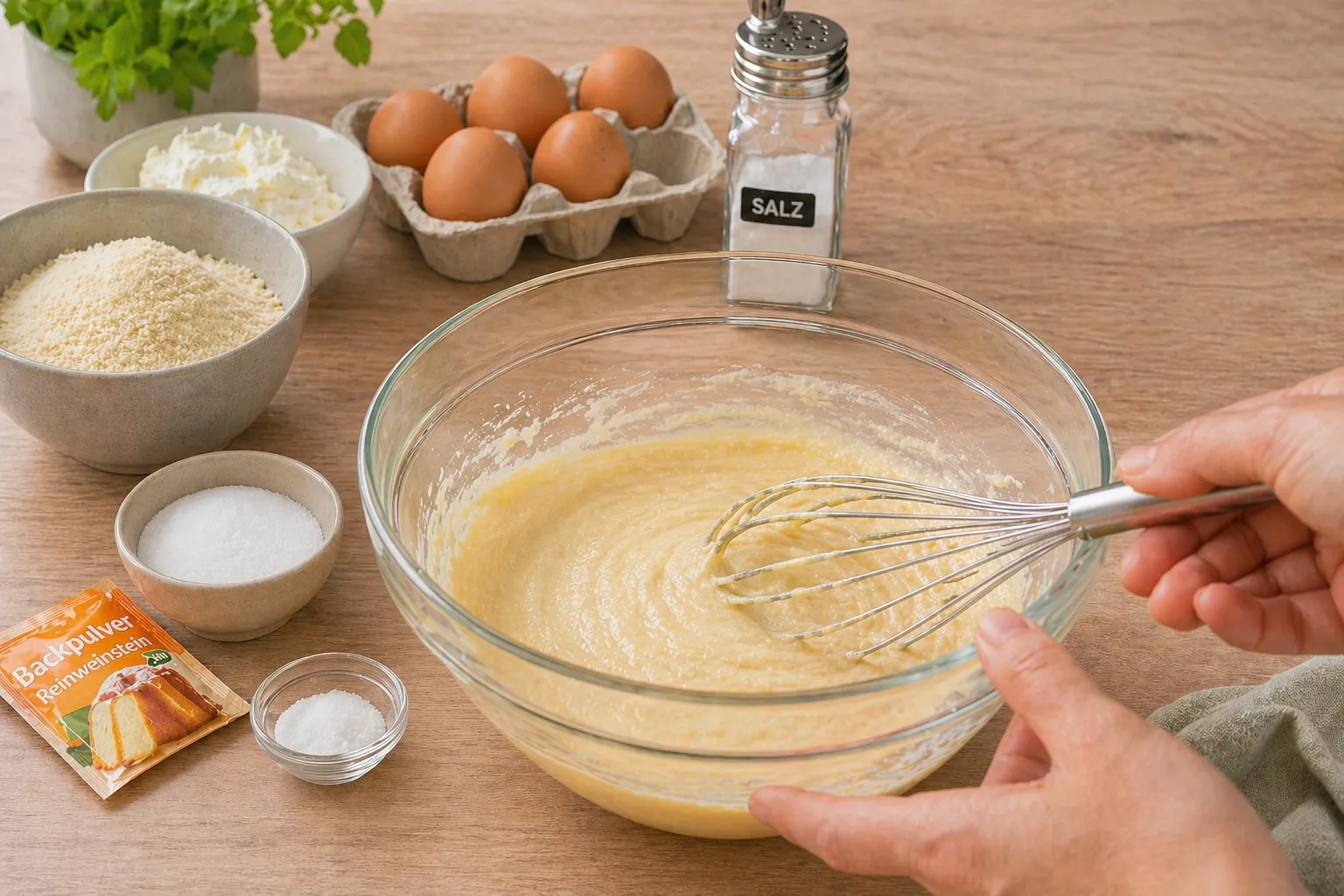 Keto-Waffelteig mit Mandelmehl, Eiern und Frischkäse in einer Schüssel