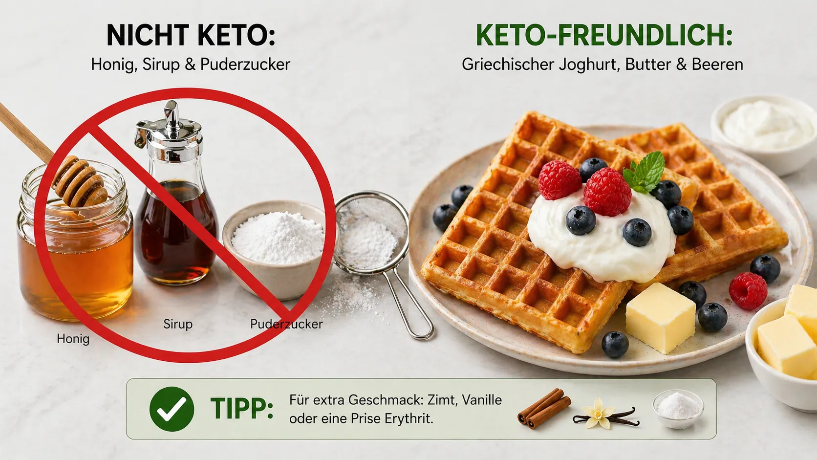 Low-Carb-Keto-Waffeln mit griechischem Joghurt, Butter und kleinen Mengen Beeren