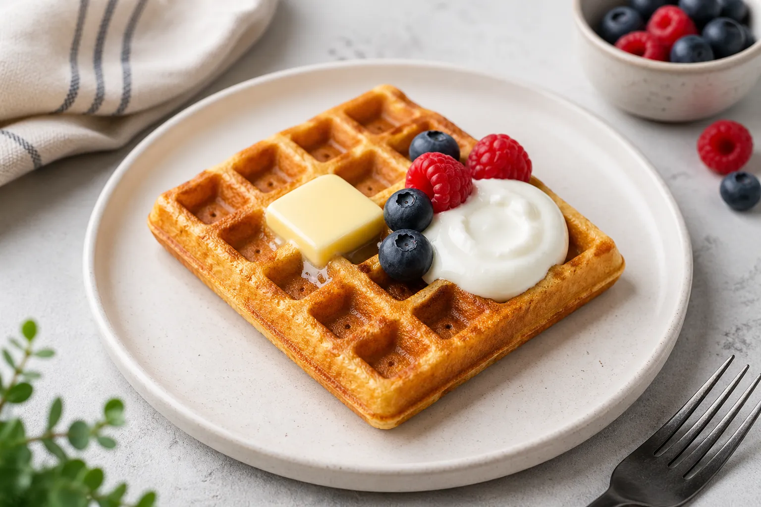 Keto-Waffeln aus Mandelmehl und Frischkäse mit Butter, griechischem Joghurt und wenigen Beeren