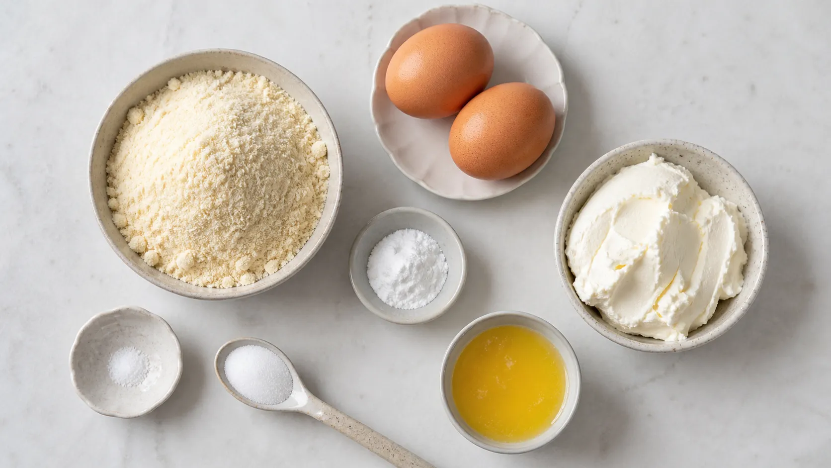 Zutaten für Keto-Waffeln mit Mandelmehl, Eiern, Frischkäse, Backpulver und Butter