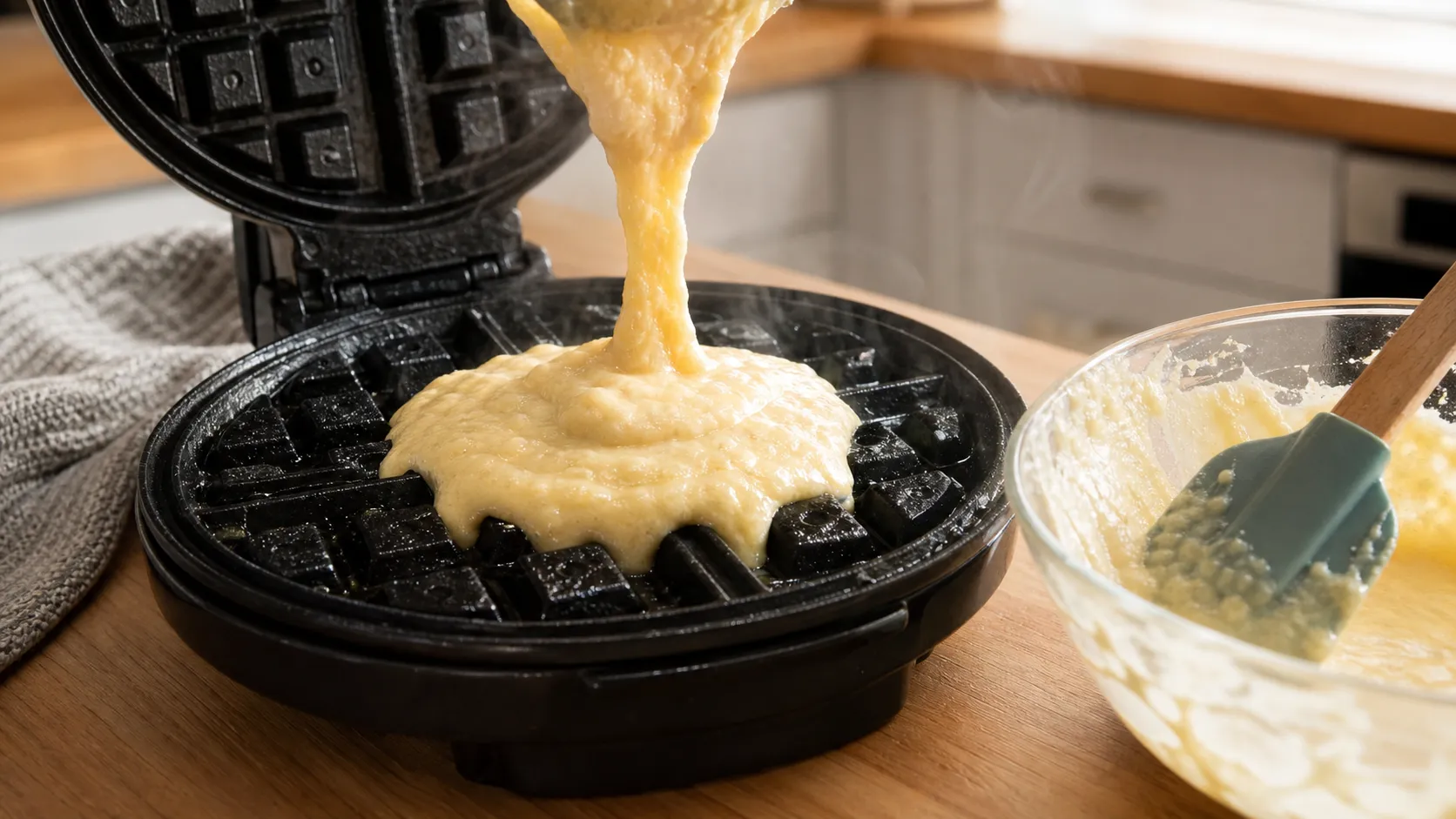 Keto-Waffelteig wird in ein gefettetes Waffeleisen gegossen