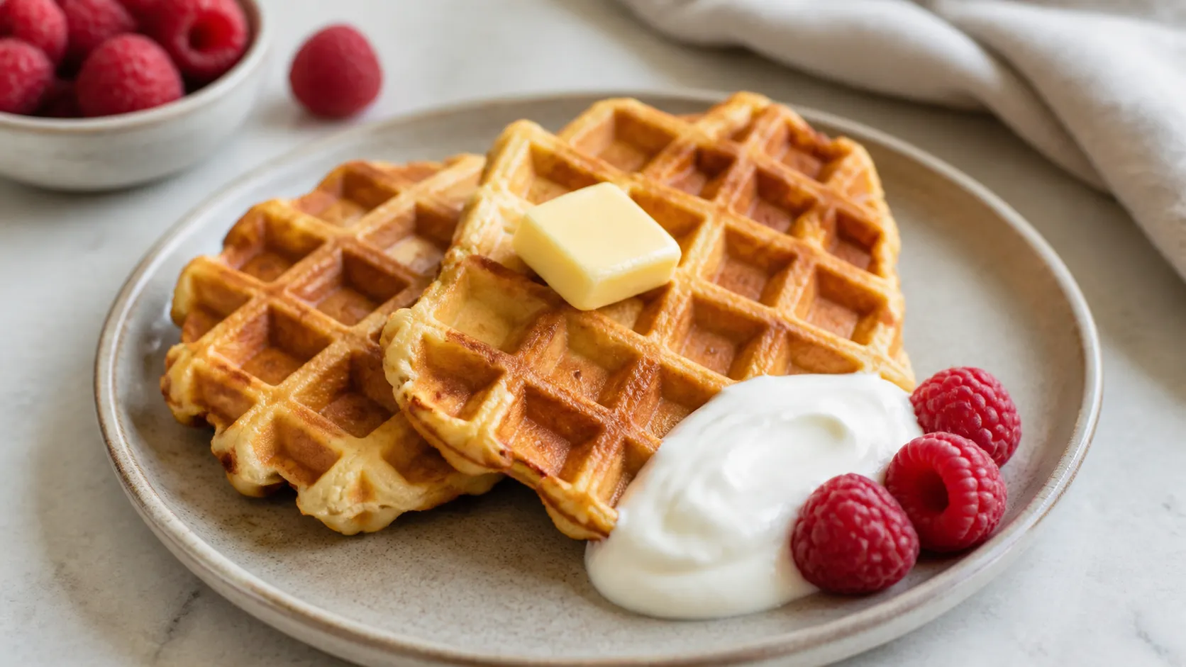 Fertige Keto-Waffeln mit Mandelmehl, Butter, griechischem Joghurt und Himbeeren