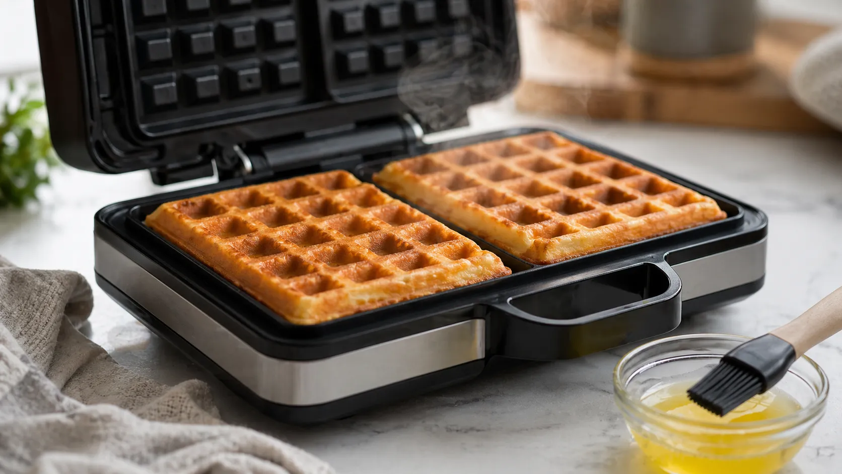 Frisch gebackene Waffeln im Waffeleisen ohne Honig oder Sirup