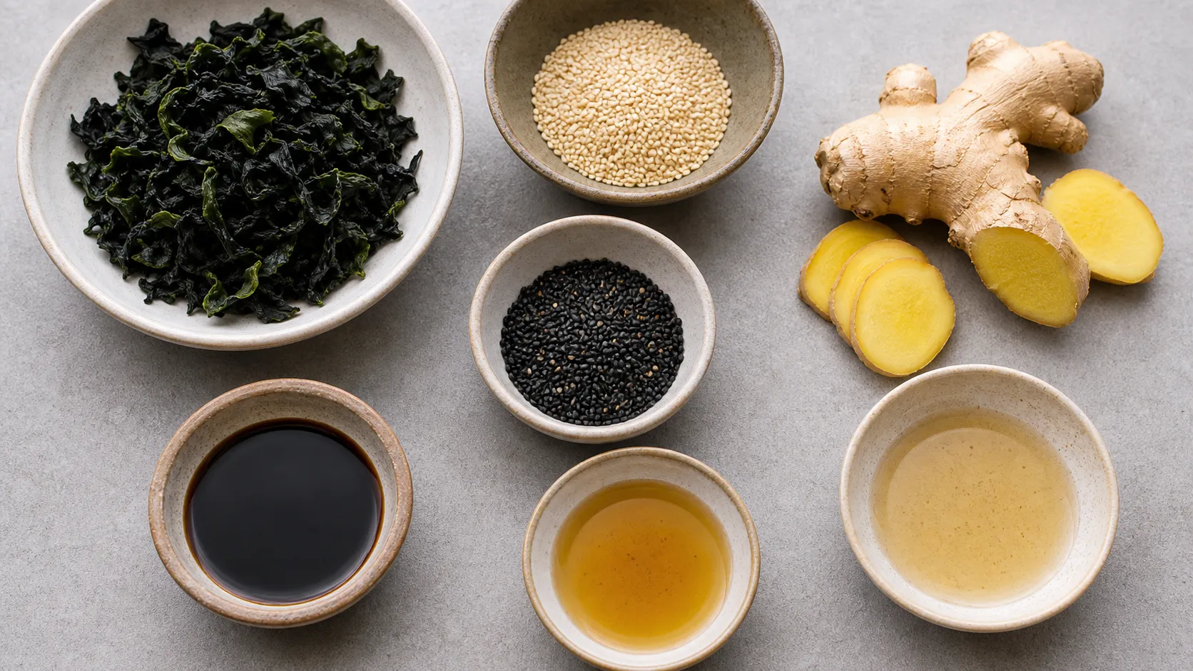 Zutaten für Keto Wakame-Sesam-Salat: getrockneter Wakame, Sesam, frischer Ingwer, Tamari, Sesamöl und Reisessig
