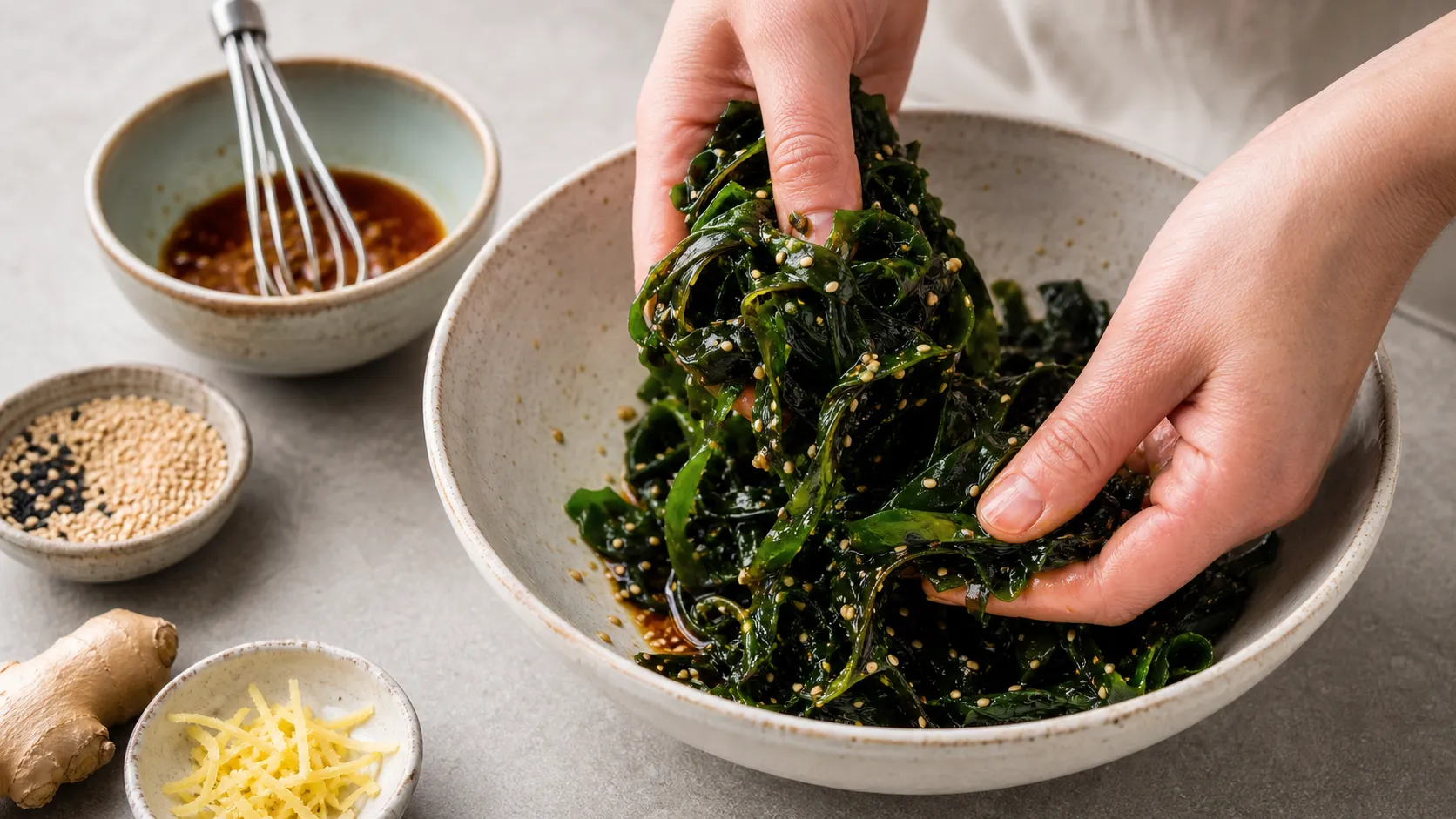 Eingeweichter Wakame wird ausgedrückt und mit Ingwer-Tamari-Dressing in einer Schüssel vermischt