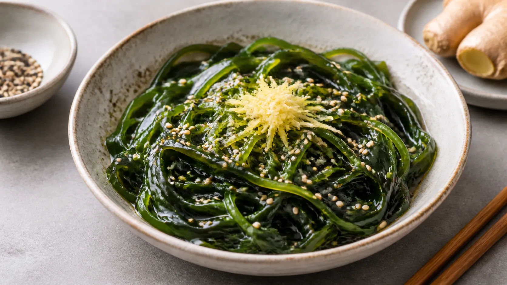 Keto Wakame-Sesam-Salat in einer Schüssel mit grünen Wakame-Algen, weißen und schwarzen Sesamkörnern, Ingwer und Tamari-Dressing