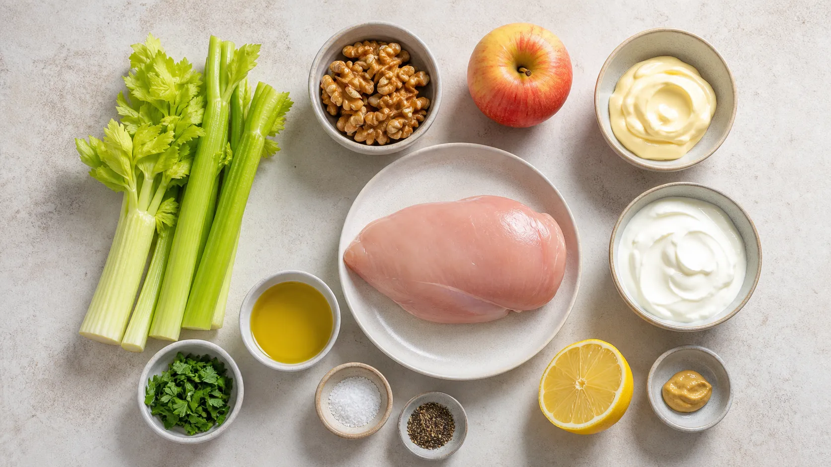 Zutaten für Keto-Waldorfsalat: Staudensellerie, Walnüsse, Hähnchenbrust, Apfel, Mayonnaise, griechischer Joghurt und Zitrone