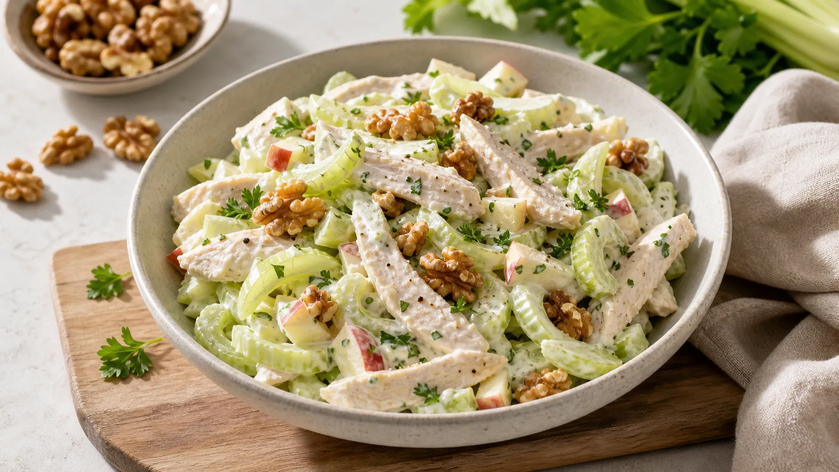 Keto-Waldorfsalat aus Staudensellerie, Hähnchenstreifen, Walnüssen und Joghurt-Mayonnaise in einer Schale mit Petersilie