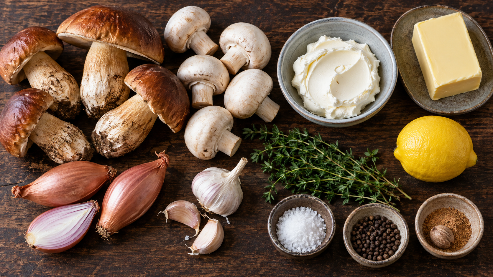 Frische Maronenröhrlinge und Champignons auf einem Brett, daneben Frischkäse, Butter, Schalotten und Thymian