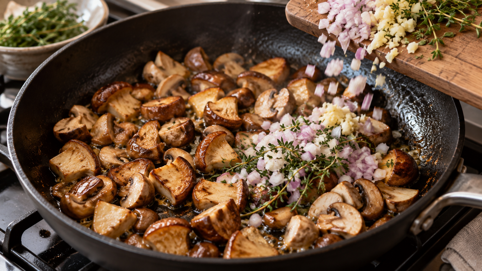 Pilzwürfel braten in einer Pfanne, bis die Flüssigkeit vollständig verdampft ist