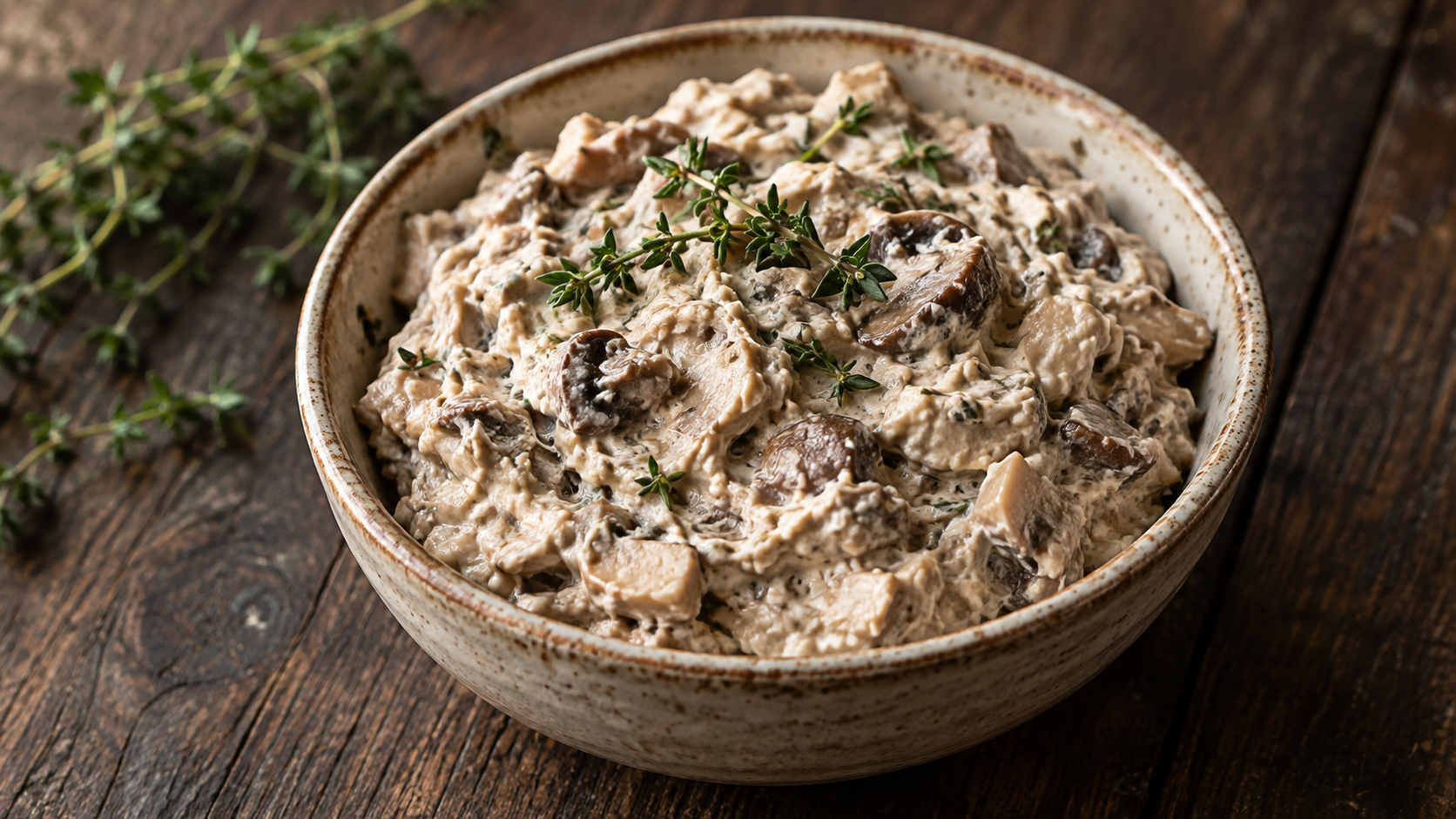Schälchen mit grobstückigem Keto-Waldpilz-Aufstrich aus Maronenröhrlingen und Champignons, garniert mit frischem Thymian