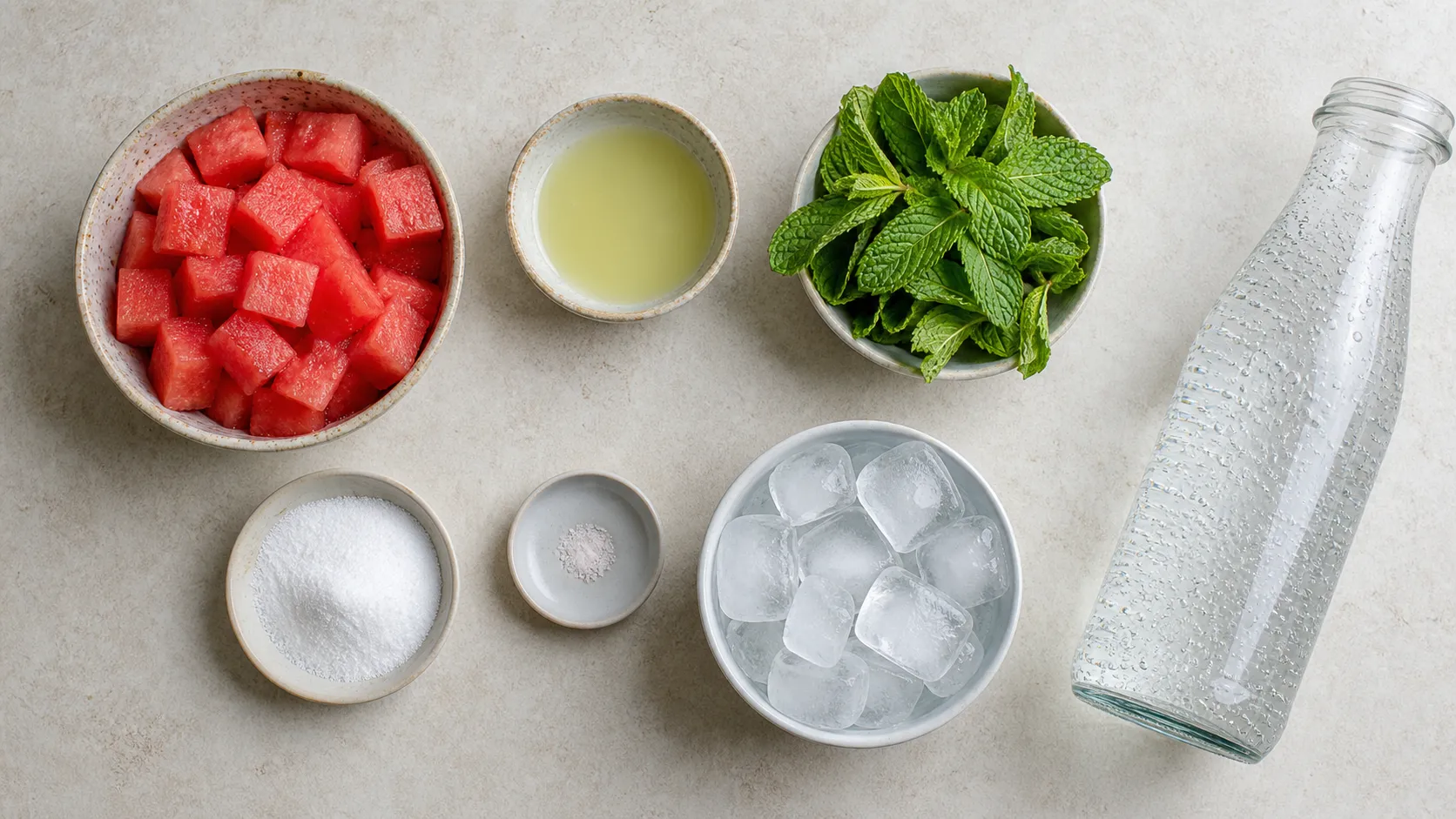 Zutaten für Keto-Wassermelonen-Limonade: Wassermelonenwürfel, Limette, frische Minze, Erythrit und Sprudelwasser