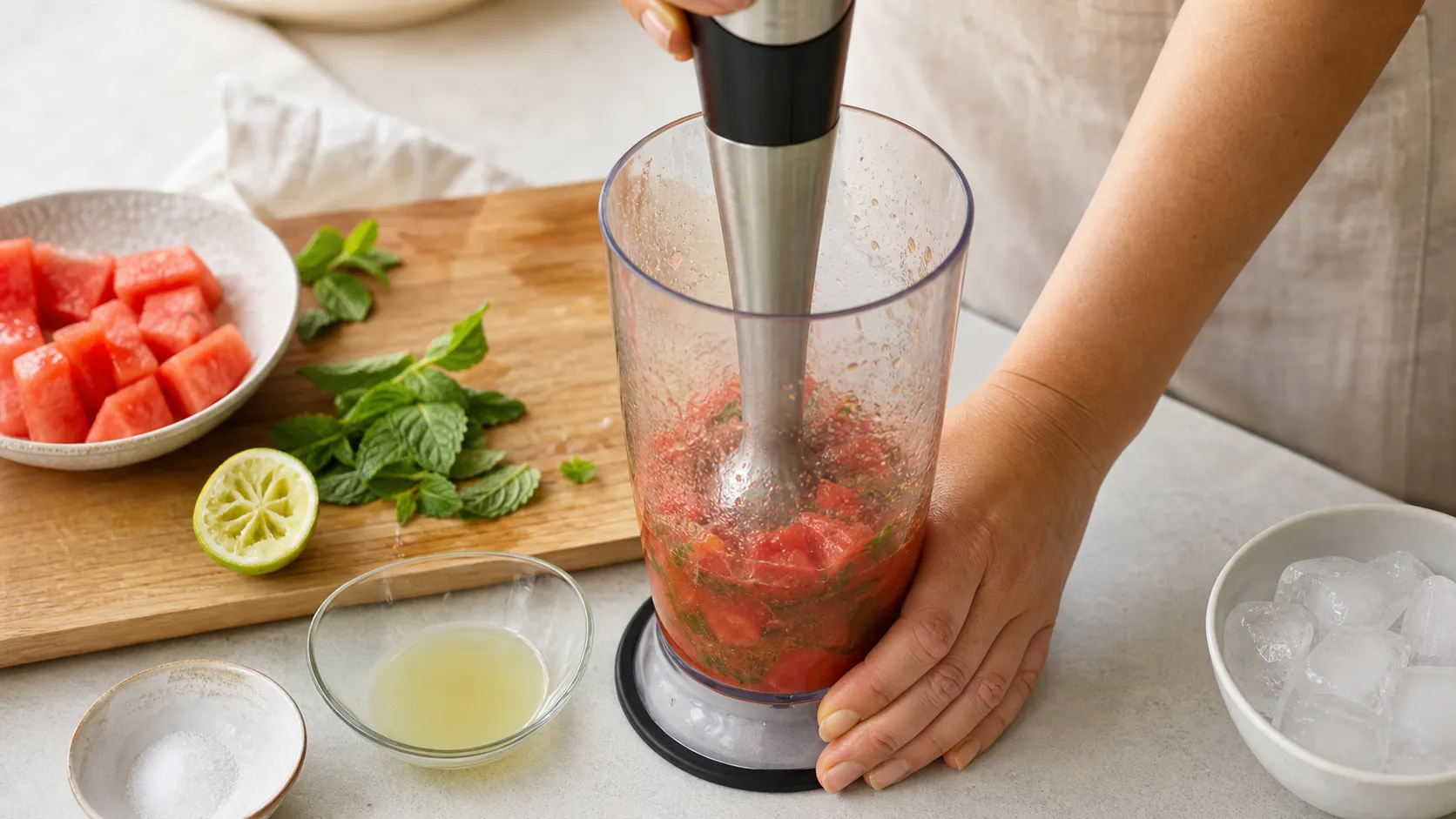 Wassermelonenwürfel werden mit Minze und Limettensaft im Mixbecher püriert