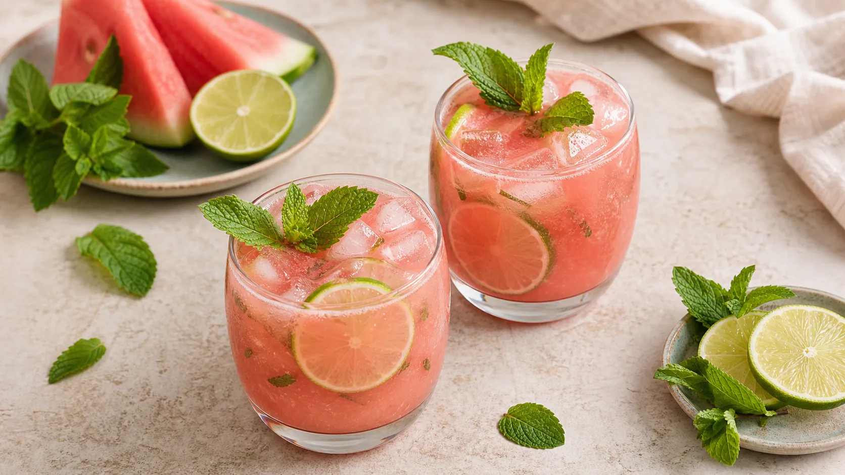 Zwei Gläser Keto-Wassermelonen-Limonade mit Eiswürfeln, Minzblättern und Limettenscheiben