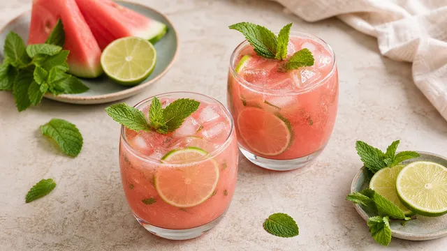 Zwei Gläser Keto-Wassermelonen-Limonade mit Eiswürfeln, Minzblättern und Limettenscheiben
