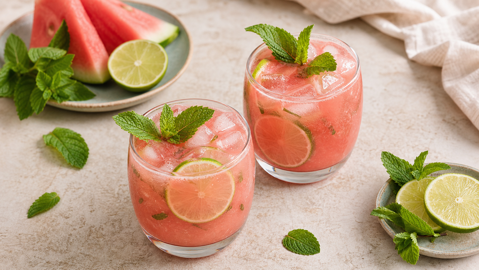 Zwei Gläser Keto-Wassermelonen-Limonade mit Eiswürfeln, Minzblättern und Limettenscheiben