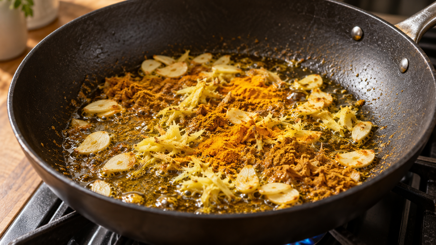 Currypulver wird in Kokosöl in der Pfanne angeröstet, bis es duftet