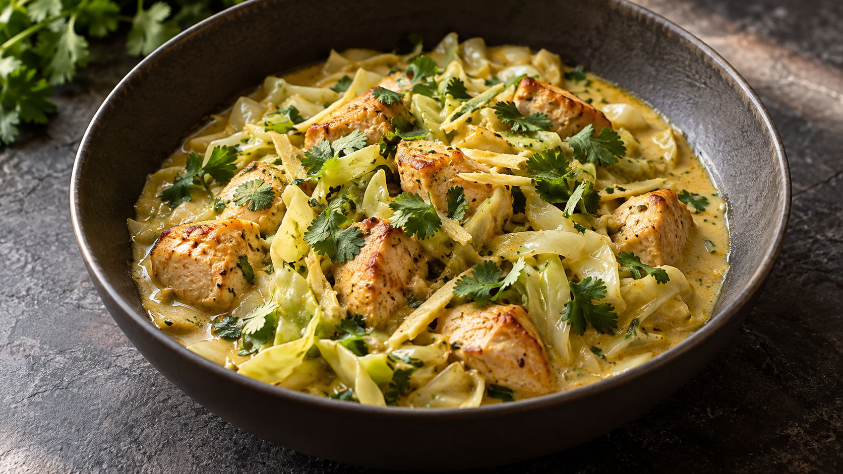 Pfanne mit cremigem Curry aus Weißkohlstreifen, Hähnchenstücken und Kokosmilch, bestreut mit frischem Koriander