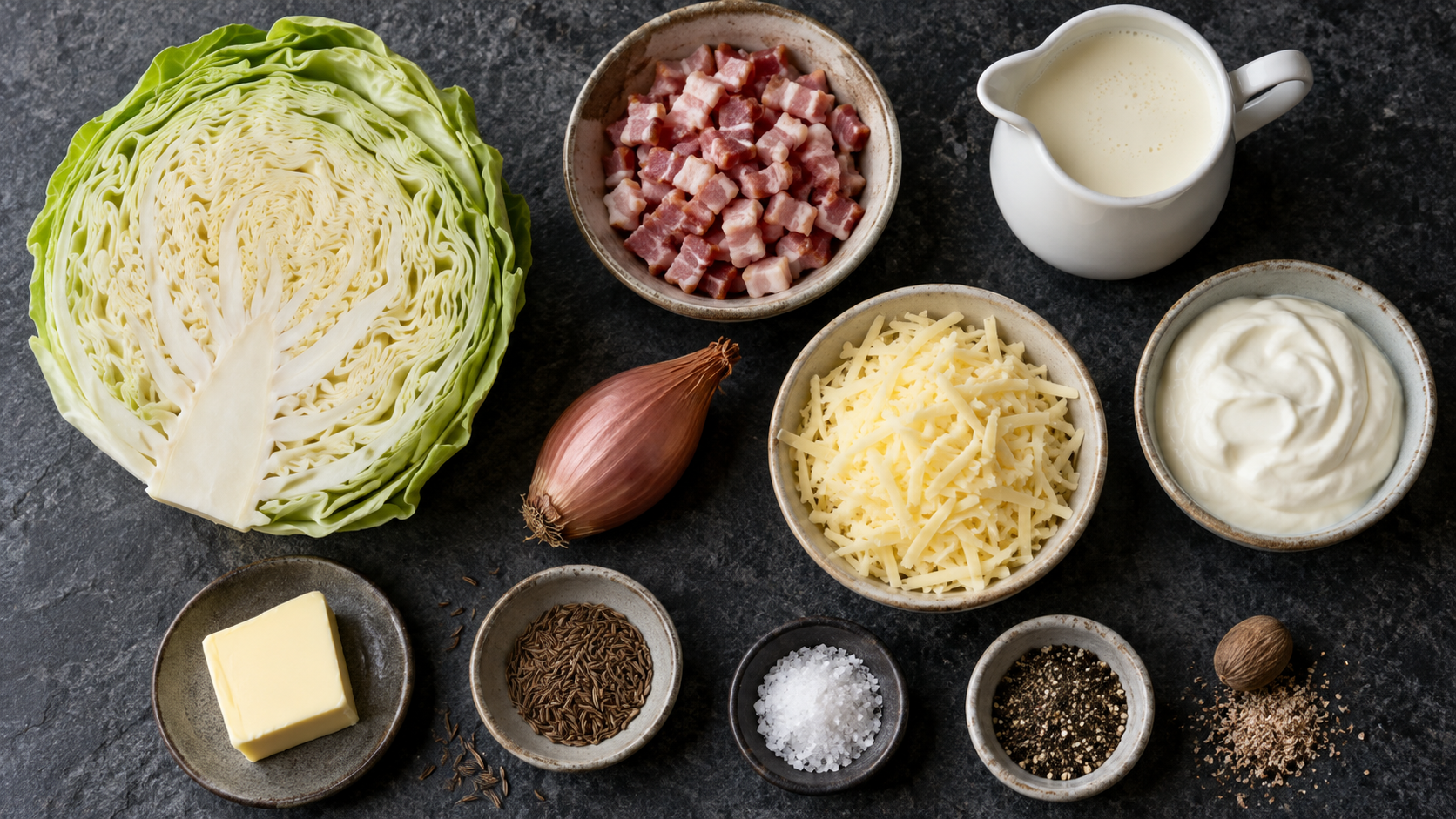 Zutaten für ein Weißkohl-Gratin: ein halber Weißkohlkopf, Speckwürfel, Sahne, Schmand, geriebener Bergkäse und Kümmel