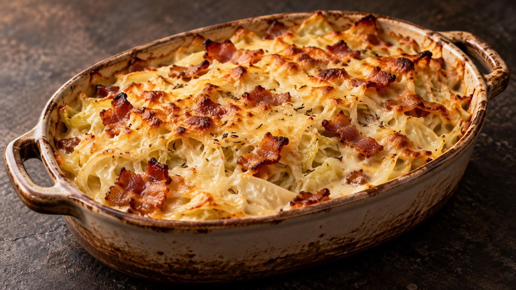 Goldbraun überbackenes Weißkohl-Gratin mit Speckwürfeln und Bergkäsekruste in einer Auflaufform