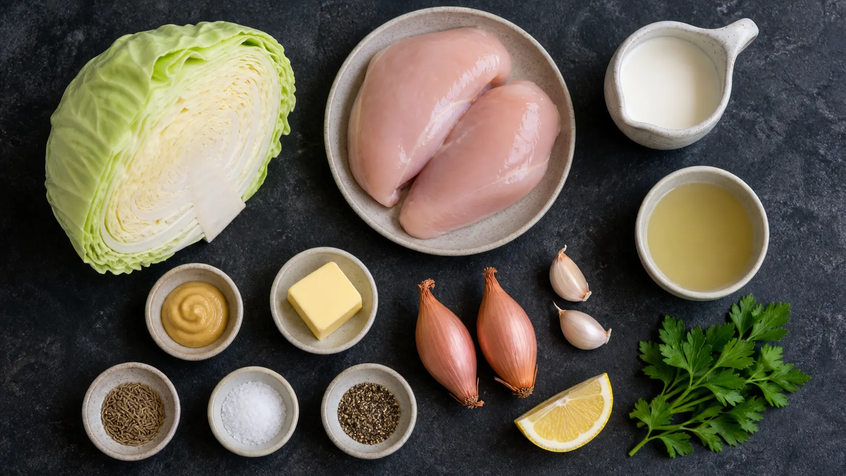 Zutaten für die Weißkohl-Pfanne: geviertelter Weißkohlkopf, Hähnchenbrust, Sahne, Butter, Schalotte, Kümmel und Senf