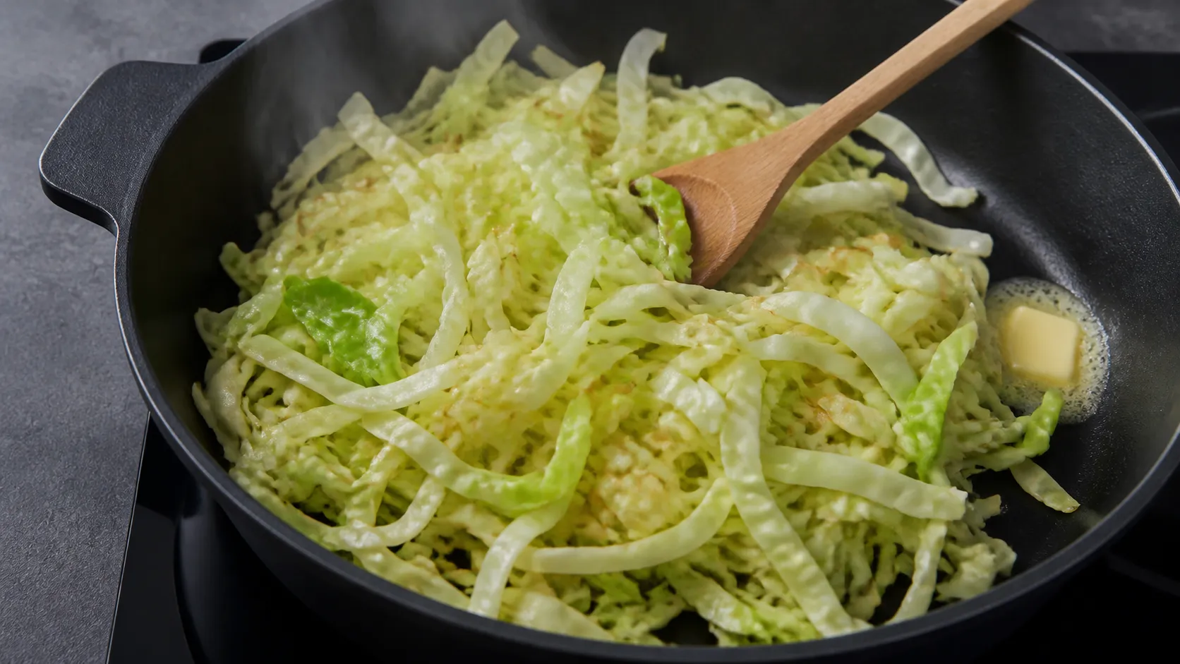 In Streifen geschnittener Weißkohl schmort in einer Pfanne mit Butter zusammen