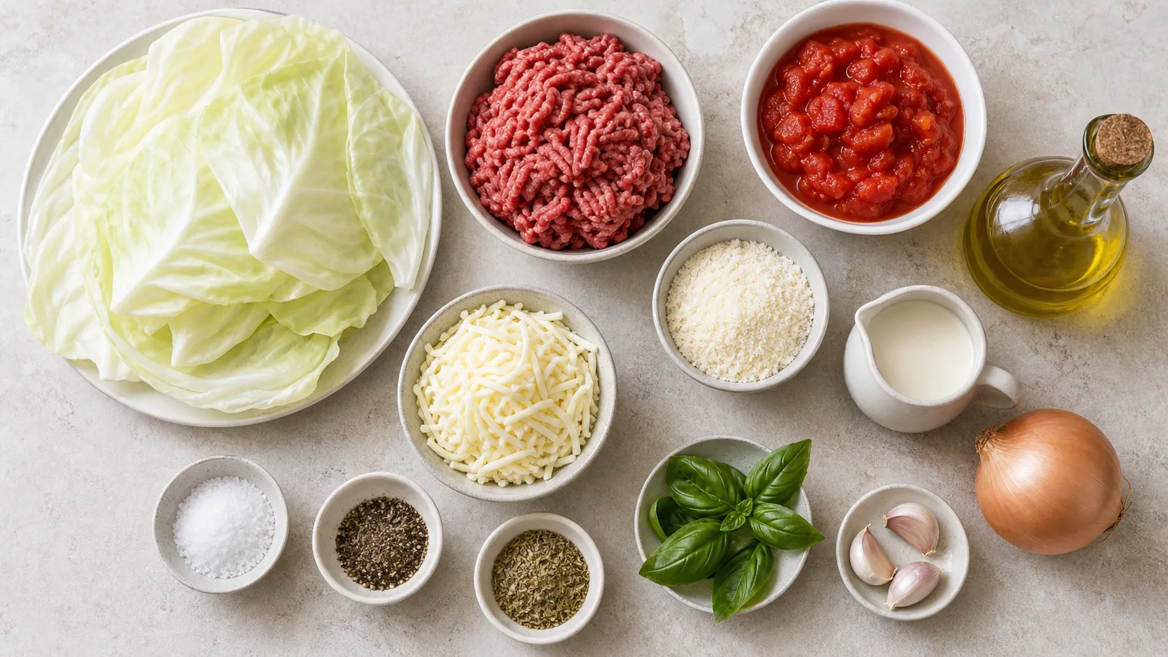 Zutaten für Keto Weißkohl-Lasagne: Weißkohl, Hackfleisch, Dosentomaten, Mozzarella, Parmesan, Sahne und Gewürze
