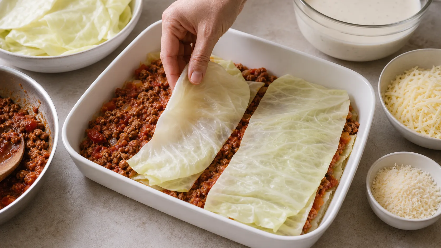 Schichten aus blanchierten Weißkohlblättern und Hackfleisch-Ragù in einer Auflaufform, bereit zum Überbacken
