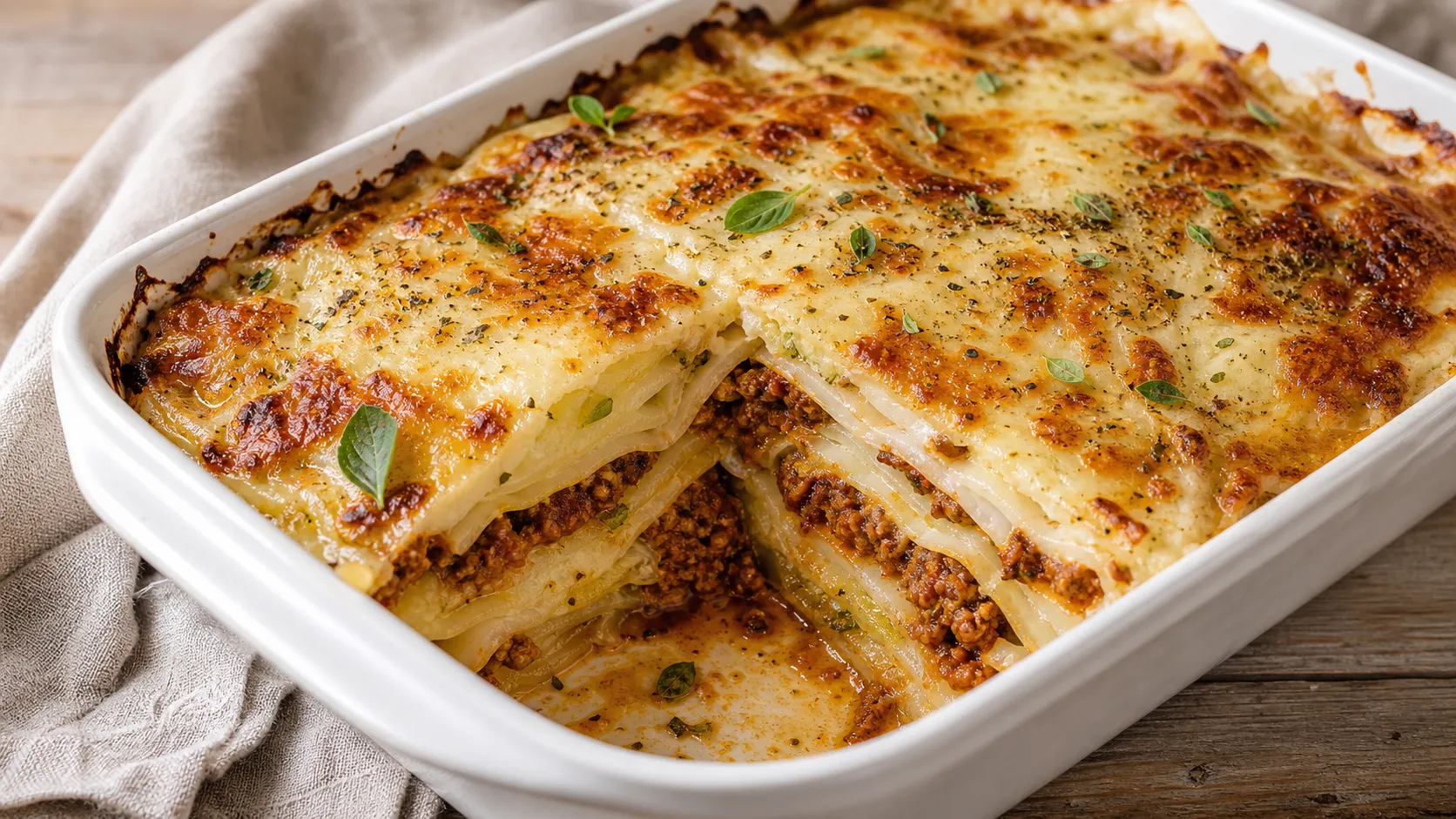 Keto Weißkohl-Lasagne mit Hackfleisch in einer Auflaufform: goldbraun überbackener Käse über Schichten aus Weißkohlblättern und Hackfleisch-Ragù