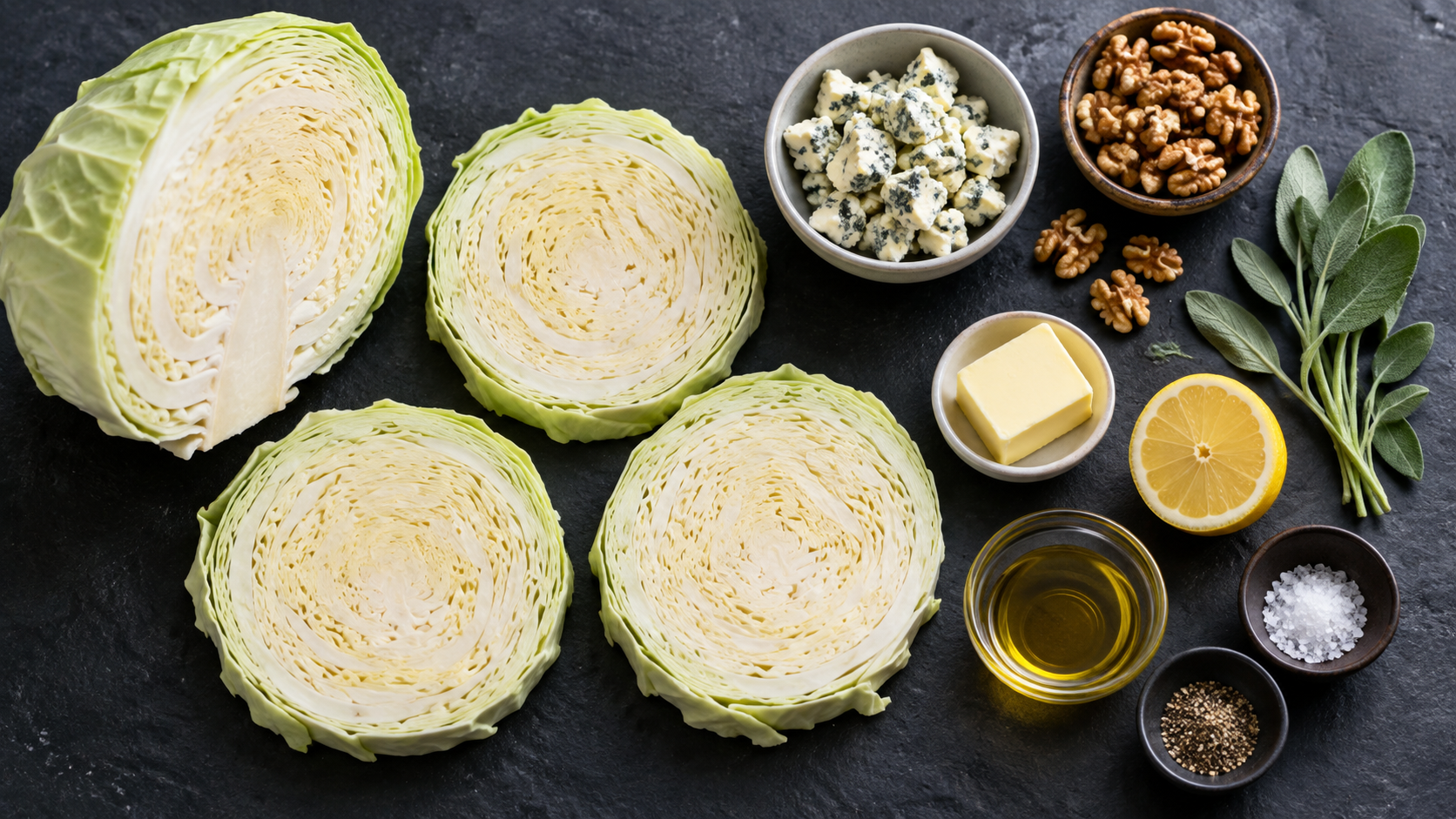 Zutaten für Keto-Weißkohl-Steaks: Weißkohlkopf, Gorgonzola, Walnusskerne, Butter, Salbei und Olivenöl
