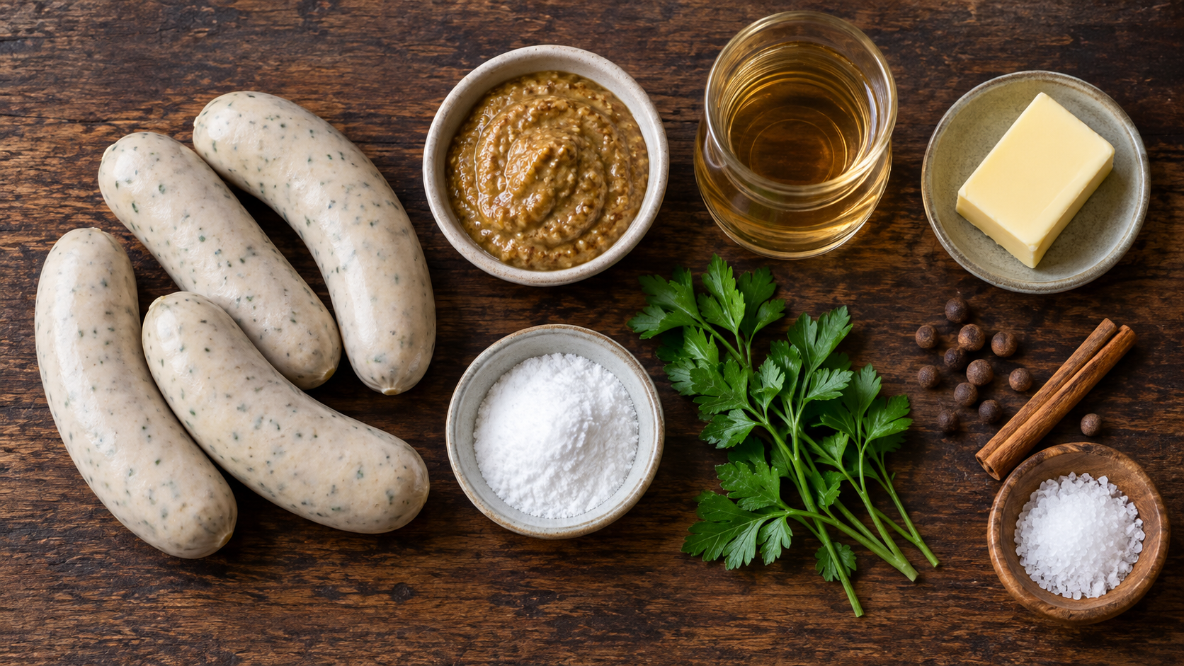 Zutaten für das Weißwurstfrühstück: rohe Weißwürste, mittelscharfer Senf, Puder-Erythrit, Apfelessig und Gewürze