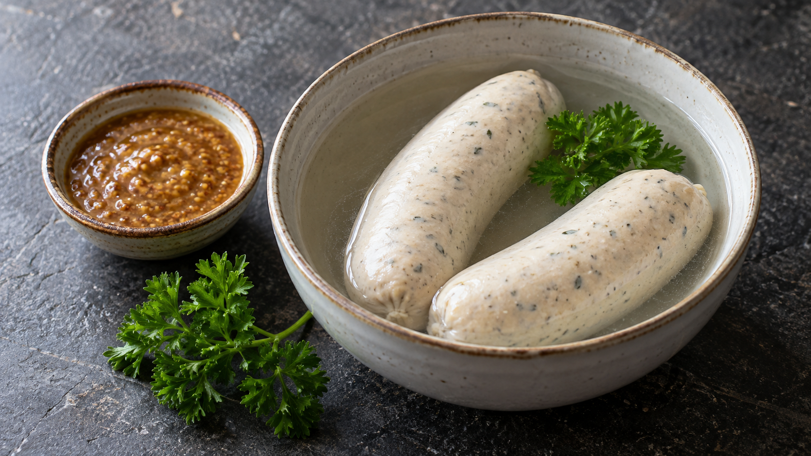 Zwei Weißwürste in einer Schale mit heißem Wasser, daneben ein Schälchen mit körnigem süßem Senf und frischer Petersilie