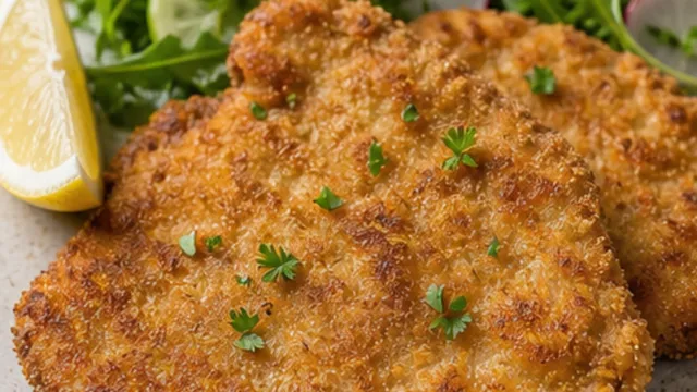 Keto Wiener Schnitzel mit Mandelpanade – knusprig ohne Weizenmehl fertig angerichtet als ketogenes Rezept