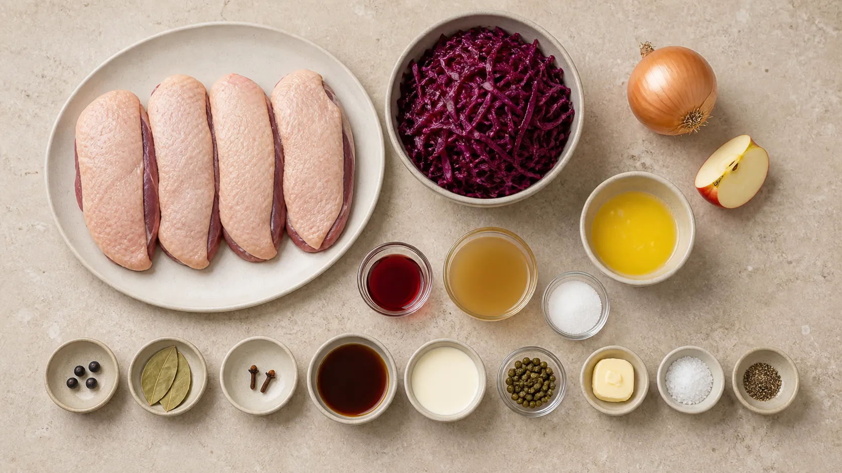 Zutaten für das Gericht: vier Wildentenbrüste, ein halber Rotkohl, Zwiebel, Apfel, Wacholderbeeren, Lorbeer, Sahne und grüner Pfeffer
