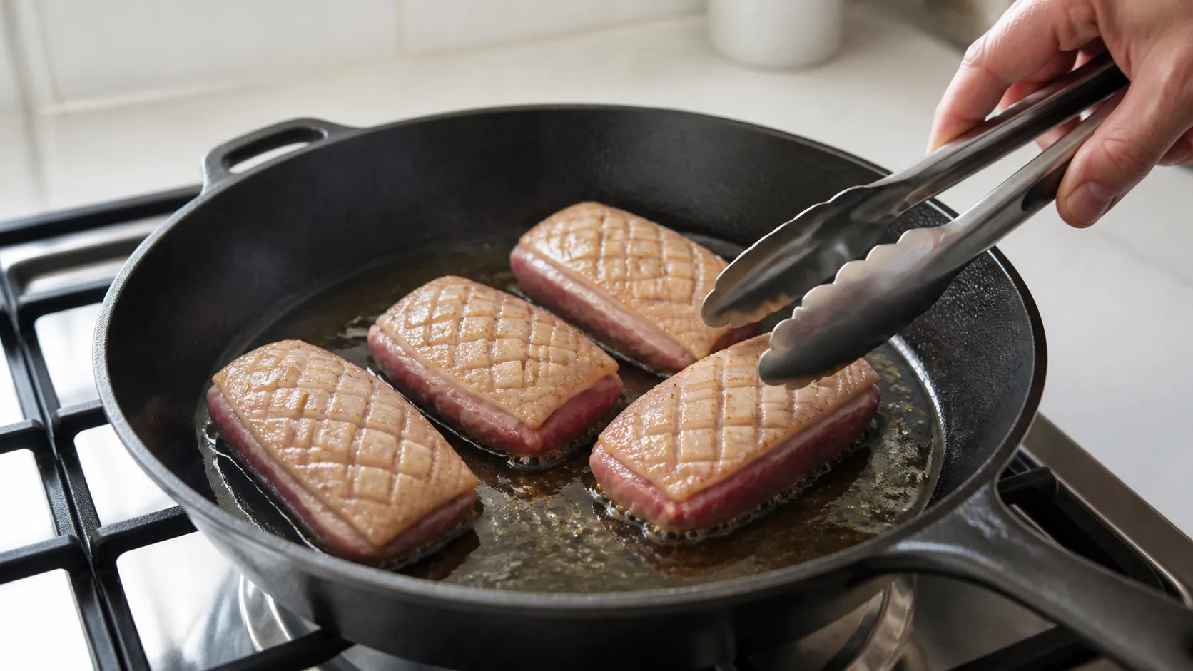 Vier Wildentenbrüste mit rautenförmig eingeschnittener Haut braten auf der Hautseite im ausgelassenen Fett