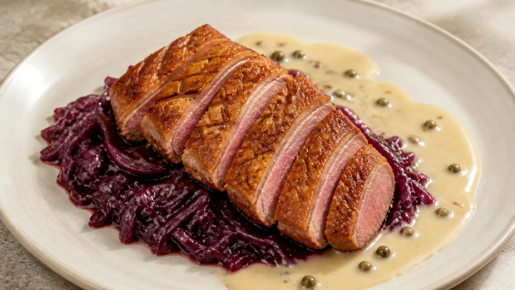 Rosa gebratene Keto-Wildentenbrust mit knuspriger Haut auf geschmortem Rotkohl und heller grüner Pfefferrahmsauce
