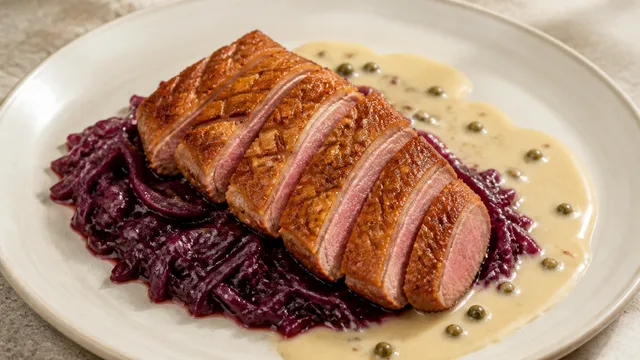 Rosa gebratene Keto-Wildentenbrust mit knuspriger Haut auf geschmortem Rotkohl und heller grüner Pfefferrahmsauce