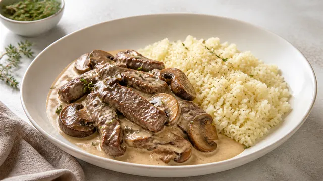 Wildgeschnetzeltes in cremiger Rahmsauce mit Champignons neben Blumenkohlreis auf einem tiefen Teller