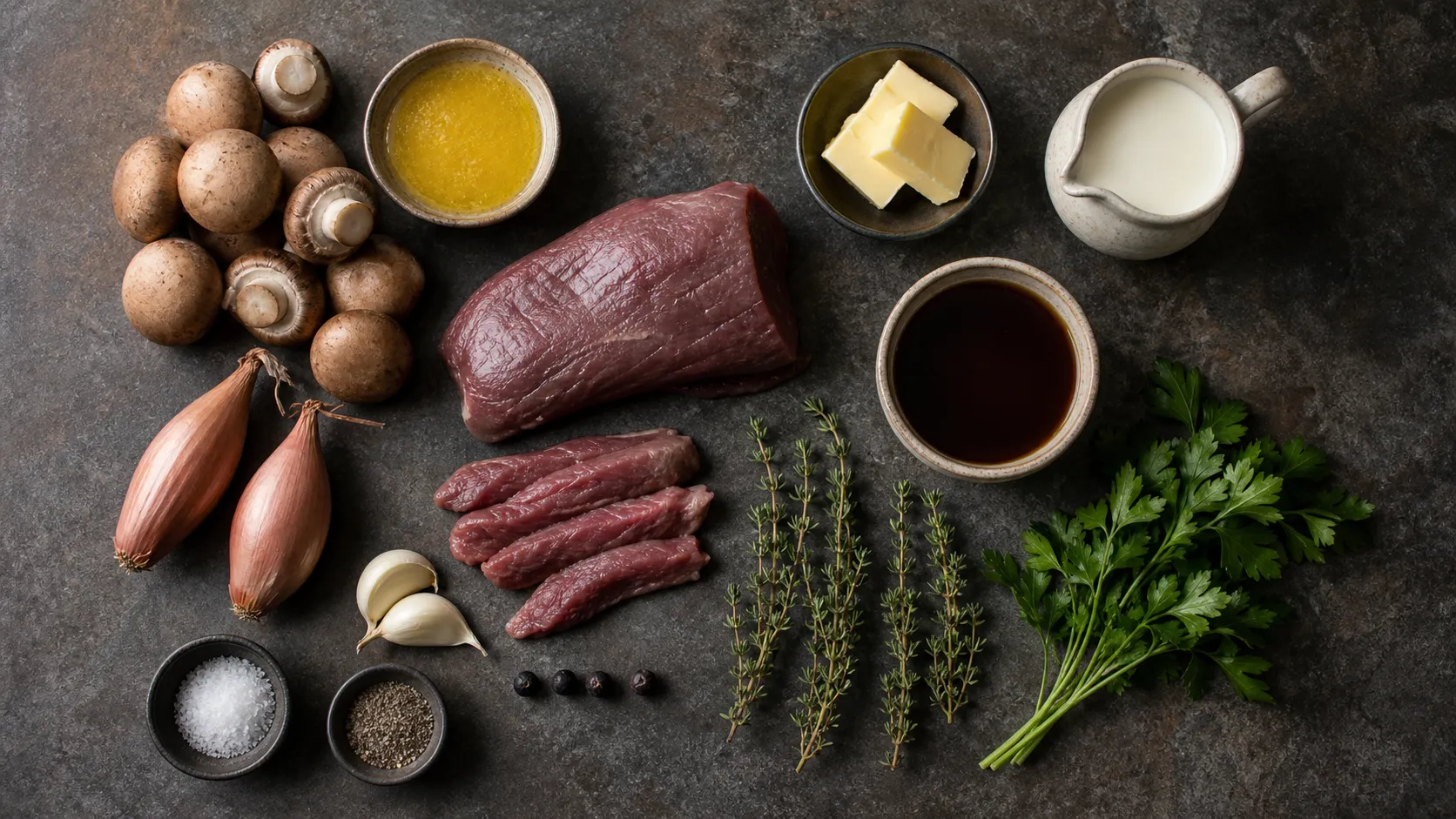 Zutaten: Wildschweinrücken, braune Champignons, Sahne, Wildfond, Butterschmalz, Schalotte, Thymian und Wacholderbeeren
