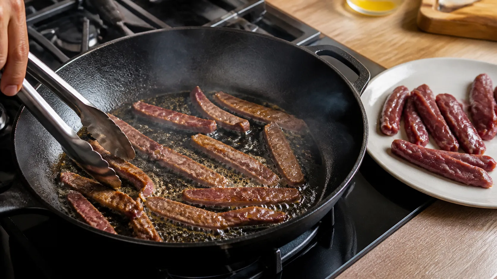 Fleischstreifen braten portionsweise in einer heißen Pfanne mit Butterschmalz an